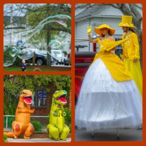 Blow up Dinosaurs, giant bubbles and a princess all having fun on Main Street in Hyannis