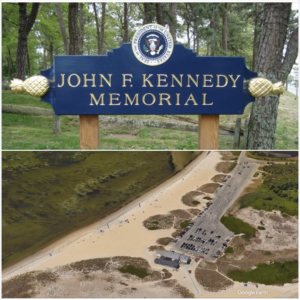 JFK Memorial sign and Arial of Kalmus Beach parking lot