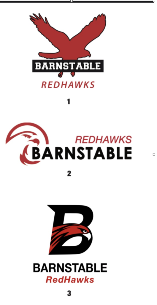 3 logos for barnstable Red Hawks. Hawk in Flight, Hawk within a circle and a hawk in a B