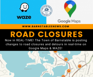 ROAD CLOSURES graphic with waze and google map