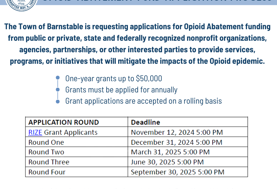 Town of Barnstable Releases Opioid Abatement Fund Application Process