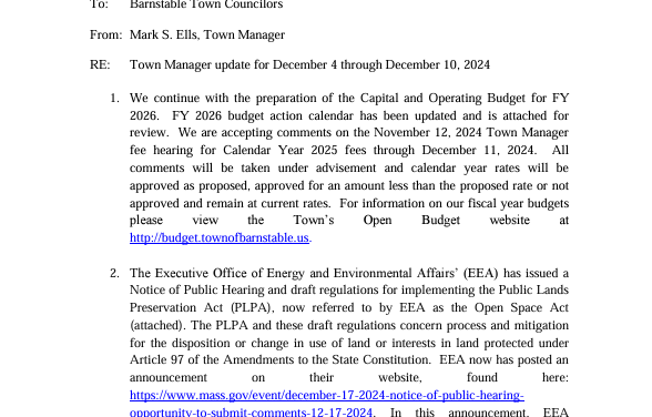 Town Manager Update for December 4 – December 10, 2024